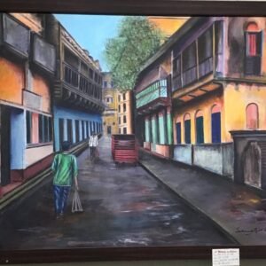 Acrylic on canvas painting of a street-scape. Original framed hand-painted art from India. A realistic rectangular perspective painting.