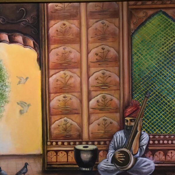 Original acrylic on canvas painting of a devotee meditating. Spiritual Indian art. Ornamental art. Living room art. Rectangular framed art