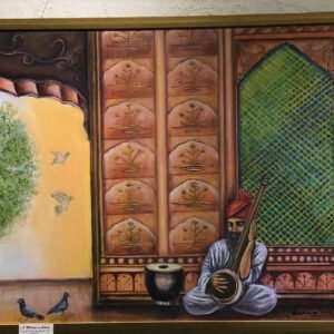 Original acrylic on canvas painting of a devotee meditating. Spiritual Indian art. Ornamental art. Living room art. Rectangular framed art