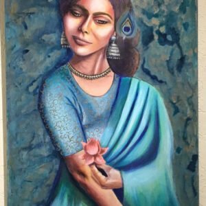 Acrylic on canvas painting of a saree-clad Indian woman, in shades of blue. An original figurative realistic framed, rectangular painting.