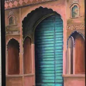 Acrylic on canvas board painting. Original perspective art of an arched entrance. Terracotta and green. Art from India. Framed painting.