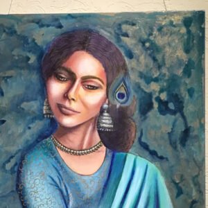Acrylic on canvas painting of a saree-clad Indian woman, in shades of blue. An original figurative realistic framed, rectangular painting.