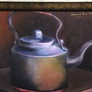 Acrylic painting on canvas board. Original painting, framed. Steaming aluminium kettle on a stove. Hand-painted, realistic, still life art.