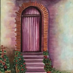 Acrylic on canvas board realistic painting of a floral English cottage entrance in violet. Original,framed, rectangular art. Living room art