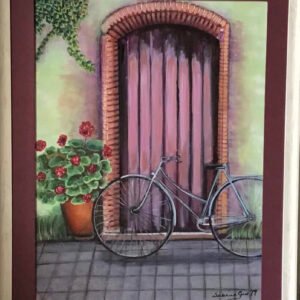 Realistic Acrylic painting on canvas of a floral English cottage entrance in violet. Original,framed, rectangular art. Living room art