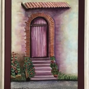 Acrylic on canvas board realistic painting of a floral English cottage entrance in violet. Original,framed, rectangular art. Living room art