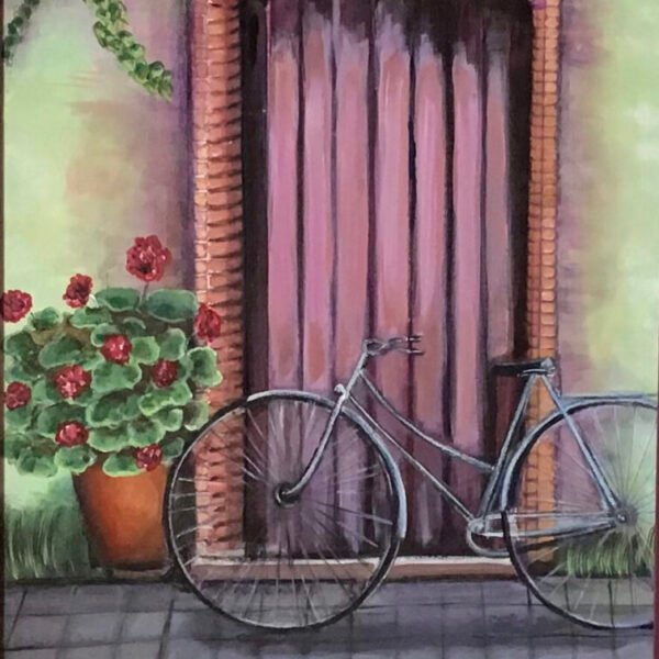 Realistic Acrylic painting on canvas of a floral English cottage entrance in violet. Original,framed, rectangular art. Living room art