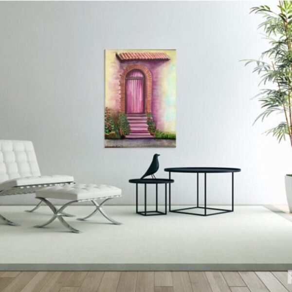 Original wall art and custom painting. Beautiful canvas painting of a quaint entrance door. Acrylic on canvas board. Original painting