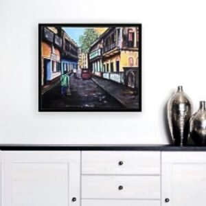 Original Indian painting of a city. Beautiful canvas wall art in acrylic. Aesthetic painting. Alleyways of India 2 by Sabrina Gill. Fine art