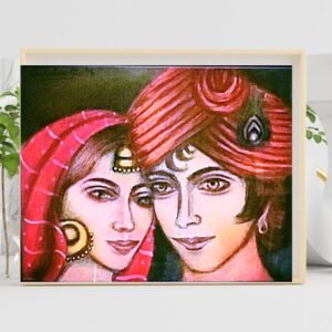 Krishna wall art in vibrant colours. Indian art decor. Original pastel painting. Fine art Indian painting by Sabrina Gill. Classic portrait.