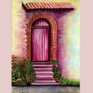 Original wall art and custom painting. Beautiful canvas painting of a quaint entrance door. Acrylic on canvas board. Original painting