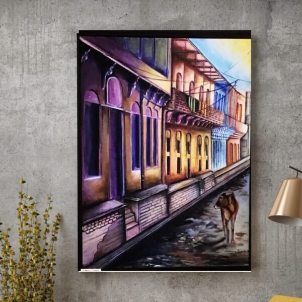Original Indian painting of an Indian city. Large canvas art in acrylic. Beautiful canvas art. Alleyways Of India-3 by Sabrina Gill.