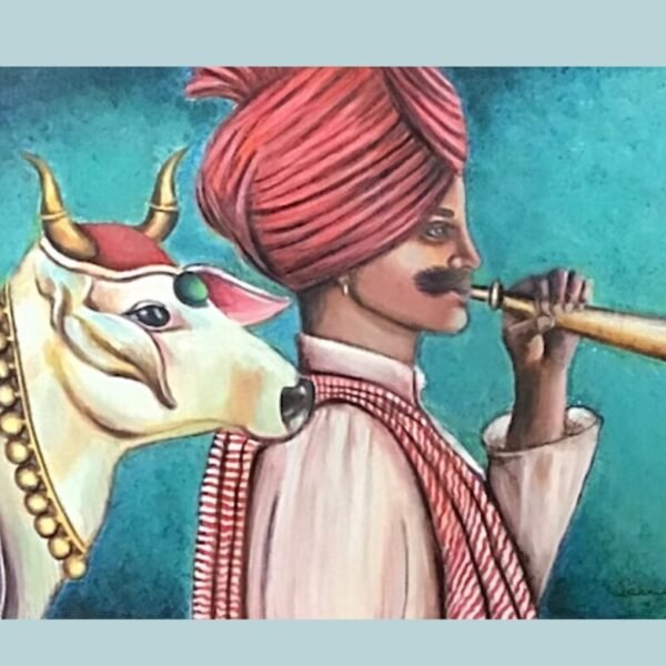 Light blue wall art. Indian wall decor. An original Indian painting. Beautiful canvas art. Fine art by Sabrina Gill. Cattle wall art.