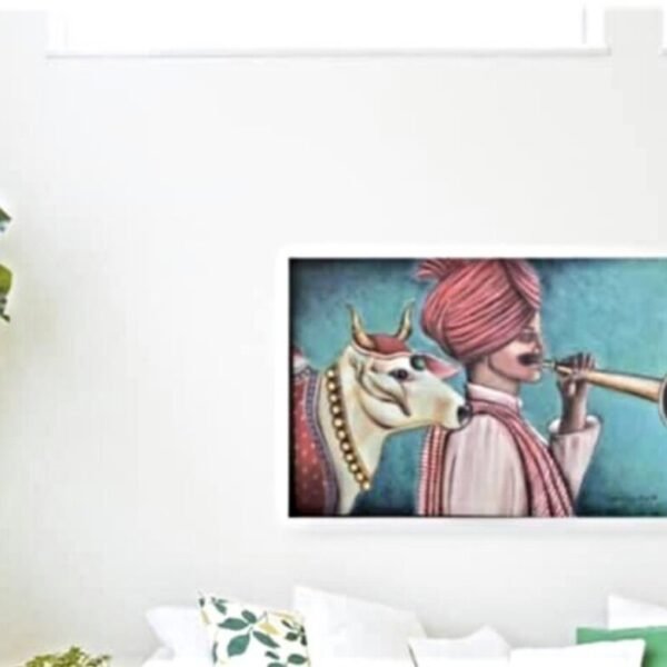 Light blue wall art. Indian wall decor. An original Indian painting. Beautiful canvas art. Fine art by Sabrina Gill. Cattle wall art.